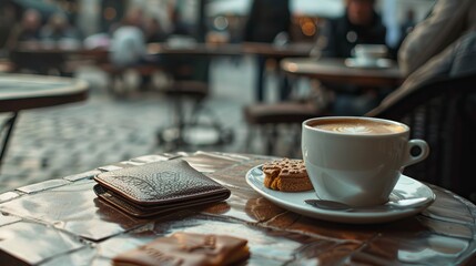 Wallet: A wallet sits on a cafe table, alongside a cup of espresso and a plate of pastries, in a bustling European city square filled with the chatter of locals and tourists 