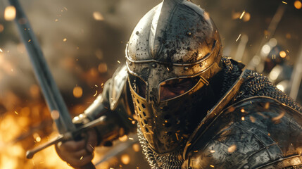 Obraz premium A warrior wearing an iron helmet during battle 