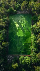 a giant green screen viewed from above surrounded by a pine tree forest, 