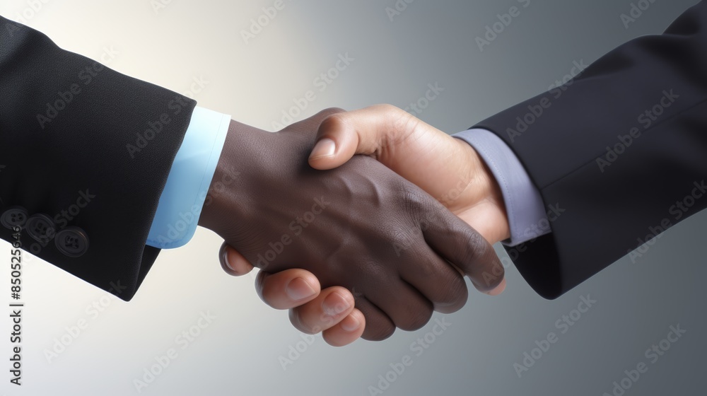 Poster handshake between a businessperson from a developed country and one from a developing country, symbo