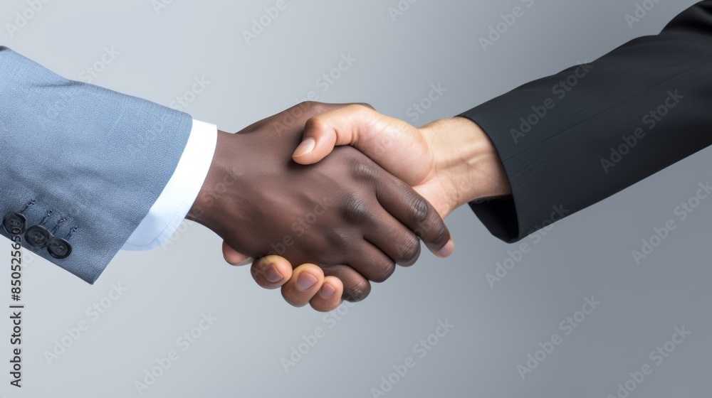 Poster handshake between a businessperson from a developed country and one from a developing country, symbo