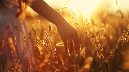 The girl walks through the meadow in thick high grass and her hand touches the tops of the ears in the rays of the sunset in slow motion : Generative AI