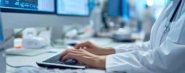 Doctor typing on keyboard in modern medical office with computer monitors, focusing on patient information and healthcare data entry.