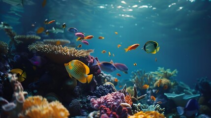 underwater coral reef landscape 16to9 background  in the deep blue ocean with colorful fish and marine life : Generative AI