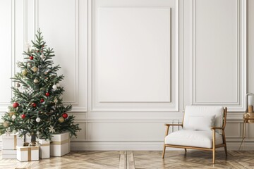 Cozy Christmas Corner with Decorated Pine Tree and Modern Frame Mockup