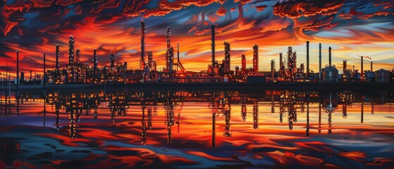 Obraz premium Dramatic sunset or sunrise over an industrial landscape with reflection in the water providing a vivid display of colors and structure silhouettes.