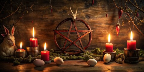 Dark, eerie setting with satanic symbols for a twisted Easter celebration, occult, satanic, holiday, evil, dark, eerie