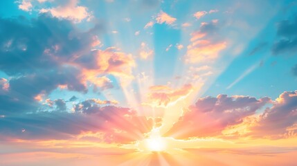 Dramatic Colorful Sunset Sky over Mediterranean Sea Clouds with Sunrays Cloudscape Nature Background Panorama : Generative AI