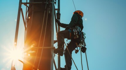 Industrial Climber Ascending Tower Against Sky at Sunset