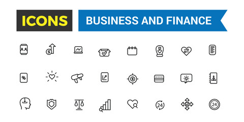 Business and finance icon set. Outline icons pack. Editable vector icon and illustration.