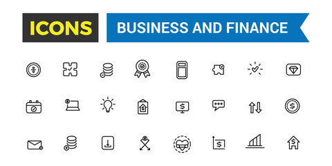 Business and finance icon set. Outline icons pack. Editable vector icon and illustration.