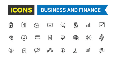 Business and finance icon set. Outline icons pack. Editable vector icon and illustration.