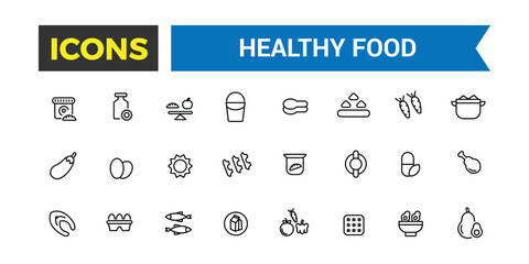 Healthy Food Icon Set. Halal Food icon collection. Outline icons pack.