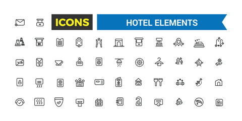 Hotel elements icon set. outline icons pack. Editable vector icon and illustration.