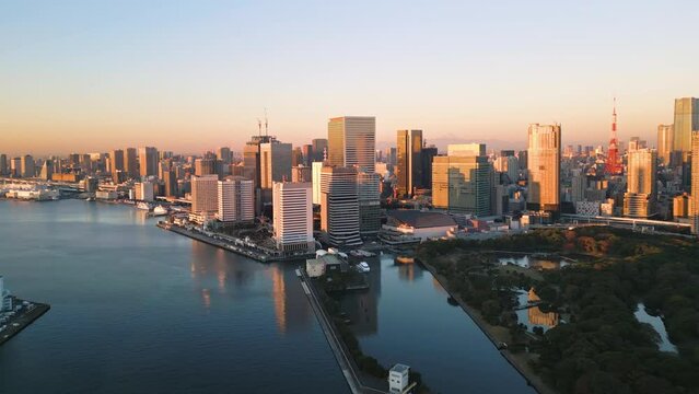 tokyo skyline aerial view drone of city bay waterfront shiodome shimbashi district,modern business office high-rise buildings skyscrapers