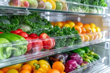 Obraz premium Fresh Vegetables Organized Inside an Open Refrigerator