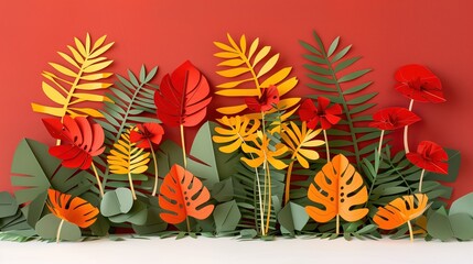 Colorful Paper Art of Tropical Leaves and Flowers with Red Background
