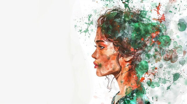 Abstract raster watercolor hand drawn portrait illustration of girl in profile filled with mix of green and red oil paints with stains on white background