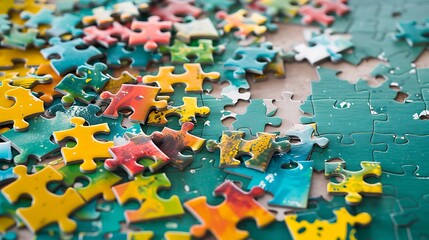 A colorful jigsaw pieces on a green and white background missing a jigsaw puzzle piece missing