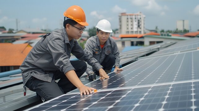 Asian Engineers Optimizing Solar Panel Placement on Commercial Rooftop