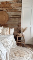 a white bed with textured plaster wall and beige pillows, offering a peaceful retreat.