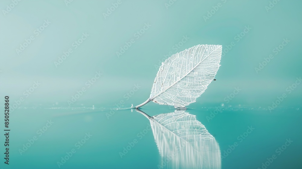 Poster white transparent leaf on mirror surface with reflection on turquoise background macro artistic imag