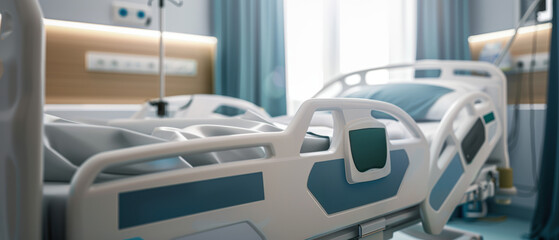 Modern hospital bed in a clean and sterile hospital room with medical equipment and soft natural light.