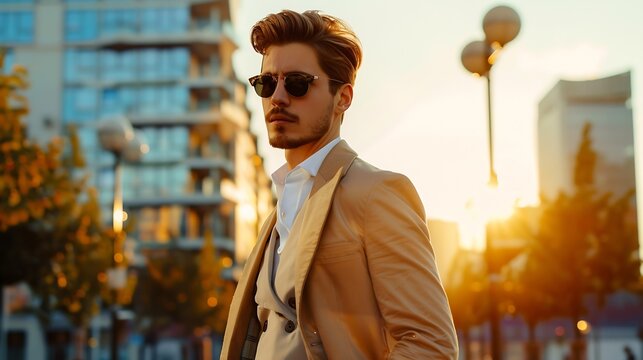 Handsome confident stylish hipster lambersexual modelSexy modern man dressed in elegant beige suit Fashion male posing in the street background in Europe city at sunset In sunglasses : Generative AI