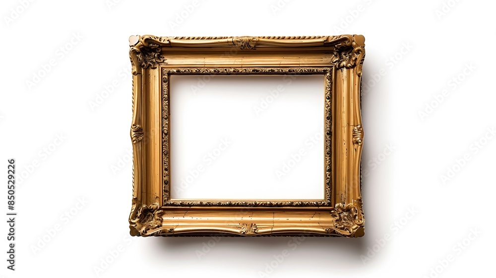 Poster antique gold brown classic old vintage wooden rectangle mockup canvas frame isolated on white backgr