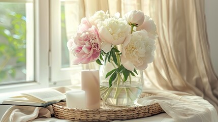 a home interior with peonies in a vase, complemented by a wicker tray with candles and a book against a window backdrop.