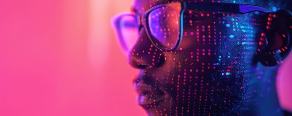 Portrait of a person wearing glasses under vibrant neon lights with digital data projected on their face, creating a futuristic ambiance.