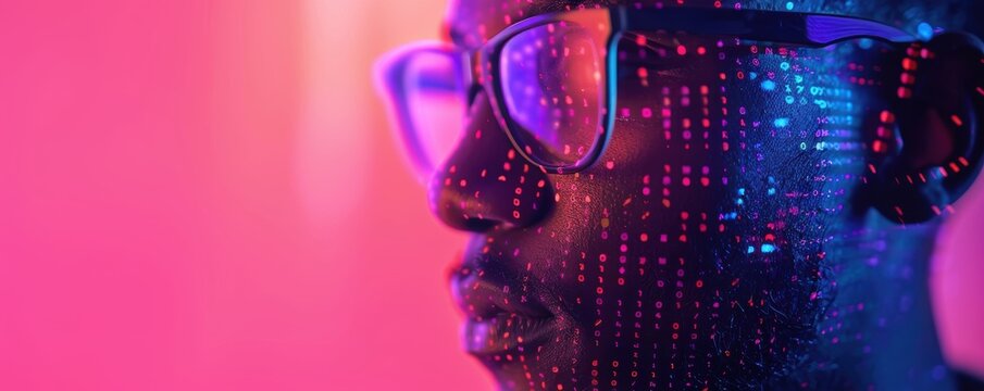 Portrait of a person wearing glasses under vibrant neon lights with digital data projected on their face, creating a futuristic ambiance.