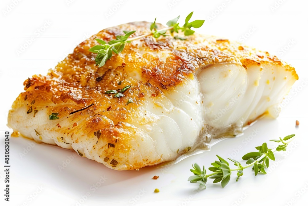 Canvas Prints A piece of pan-fried haddock with skin, Very appetizing, White background