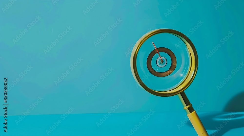 Poster target board inside of magnifier glass for focus business objective on blue background and copy spac