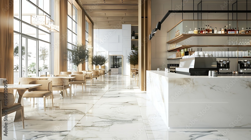 Aufkleber light wooden and marble tile floor interior of modern cafe with double ceiling height lobby bar in l