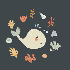 Childrens sea animal background with shell. Nautical elements card. Cute fish or ocean inhabitant with seaweed. Sea wild life, marine animals with plants for cover design, cloth