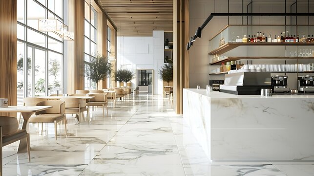 Light wooden and marble tile floor interior of modern cafe with double ceiling height Lobby bar in luxury design hotel hall with second split level : Generative AI
