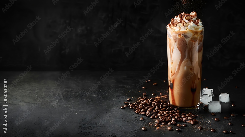 Aufkleber ice coffee in a tall glass with cream poured over ice cubes and beans on a dark concrete table cold 