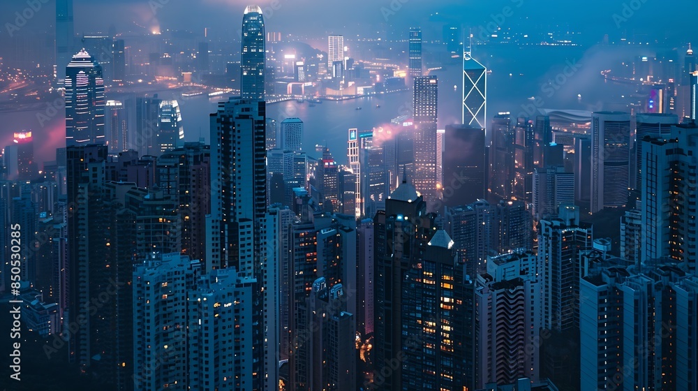 Poster abstract futuristic cityscape view with modern skyscrapers hong kong : generative ai