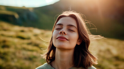 Fototapeta premium Portrait of young woman relaxing and breathing fresh air in a green environment.