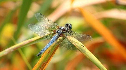 A dragonfly on the reeds in garden
