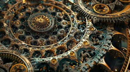 Fototapeta premium Interlocking gears in a mandala with intricate filigree and golden accents backdrop