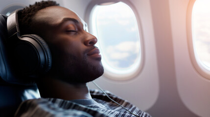 Fototapeta premium Portrait of afroamerican man listening to headphones on airplane.