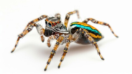 Fototapeta premium Vibrant jumping spider perched on a white surface, displaying its colorful body and large eyes