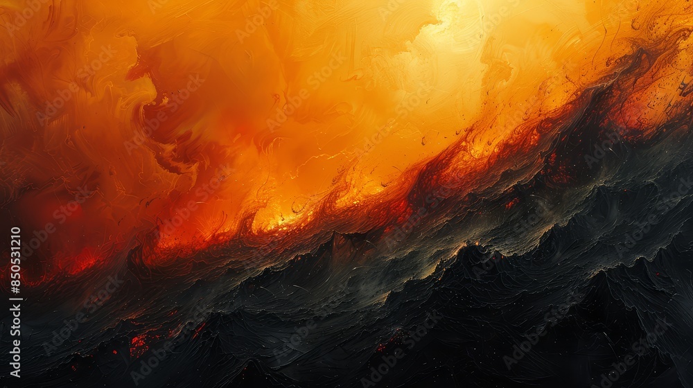 Poster abstract fiery waves painting - visually striking abstract image with waves in vivid red and orange 