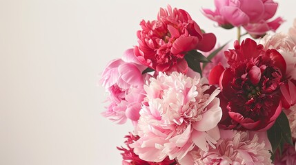 a bouquet featuring pink and red peonies arranged on a pristine white background, ideal for a floral web banner with ample copy space.