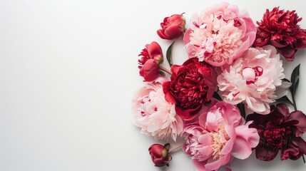 a bouquet featuring pink and red peonies arranged on a pristine white background, ideal for a floral web banner with ample copy space.