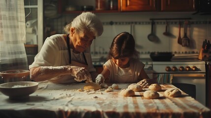 happy family grandmother and granddaughter child  cook in the kitchen knead dough and bake cookies : Generative AI