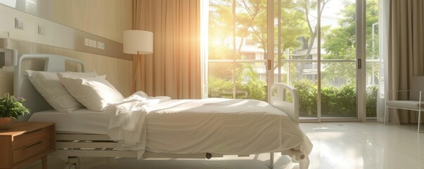 Sunlit modern hospital room with a comfortable bed, greenery outside the window, and peaceful atmosphere for patient recovery.