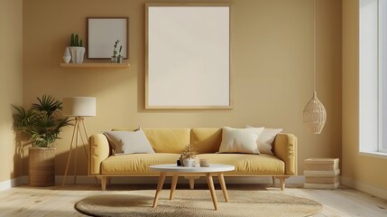 Fototapeta premium Warm and cozy composition of living room interior with mock up poster frame modular sofa wooden coffee table round rug beige wall modern rack and personal accessories Home decor Templa : Generative AI